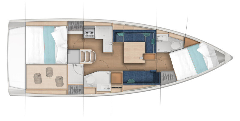 Sun Odyssey 380:n kylpyhuone, jossa erillinen suihkutila ja modernit kalusteet.