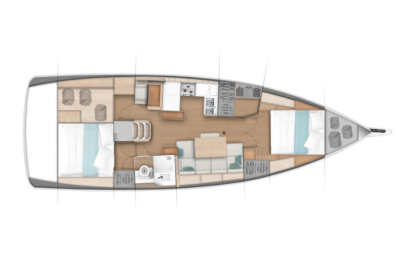 Kahden hytin layout – yleisnäkymä – Sun Odyssey 440:n kahden hytin versio, jossa avara salonki, suuri omistajan hytti edessä ja tilava vierashytti perässä.