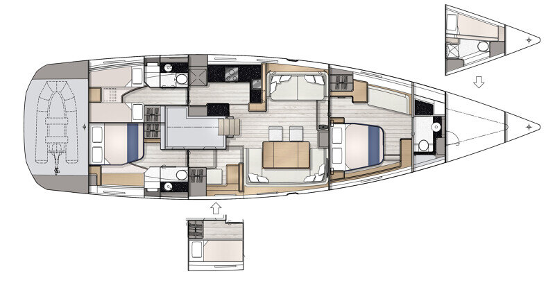 Jeanneau Yachts 65 – 3 hytin pohjapiirros, tilava salonki ja omistajan sviitti keulassa.