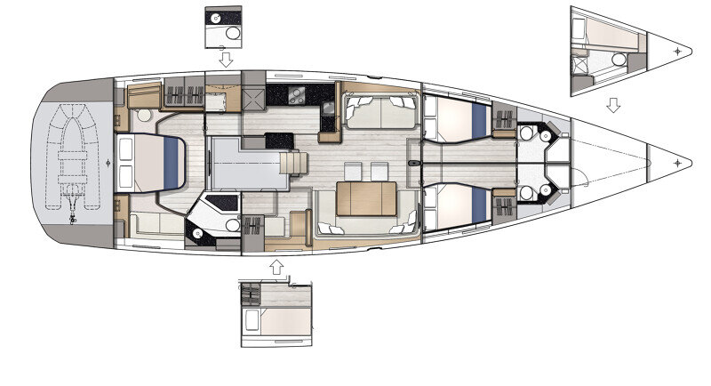 Jeanneau Yachts 65 – 5–6 hytin versio, maksimoitu vierashytit ja optimoitu tilankäyttö.